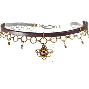 Image of Brown Leather and Brass Choker with Topaz Crystal