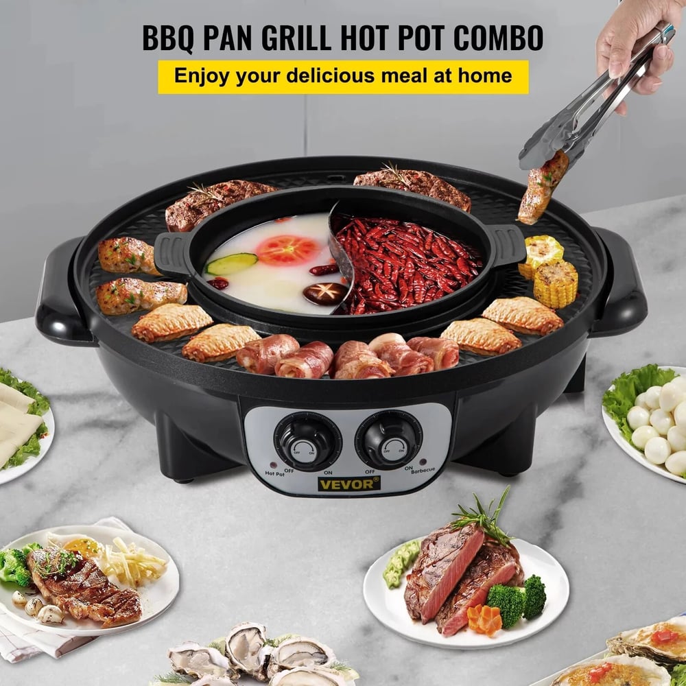 2 in 1 Electric Hot Pot and Grill, 2200W BBQ Pan and Hot Pot, Teppanyaki Grill with Dual Temperature