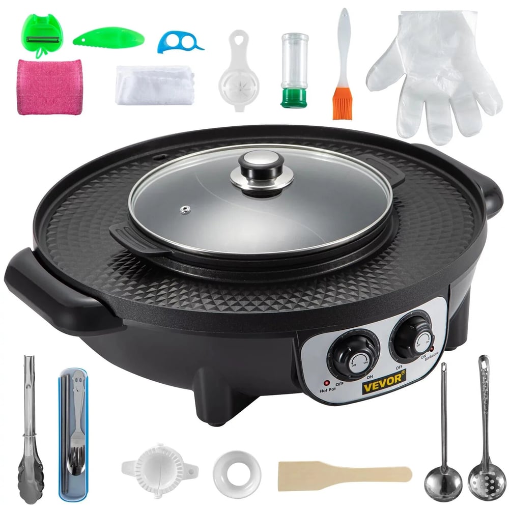 2 in 1 Electric Hot Pot and Grill, 2200W BBQ Pan and Hot Pot, Teppanyaki Grill with Dual Temperature