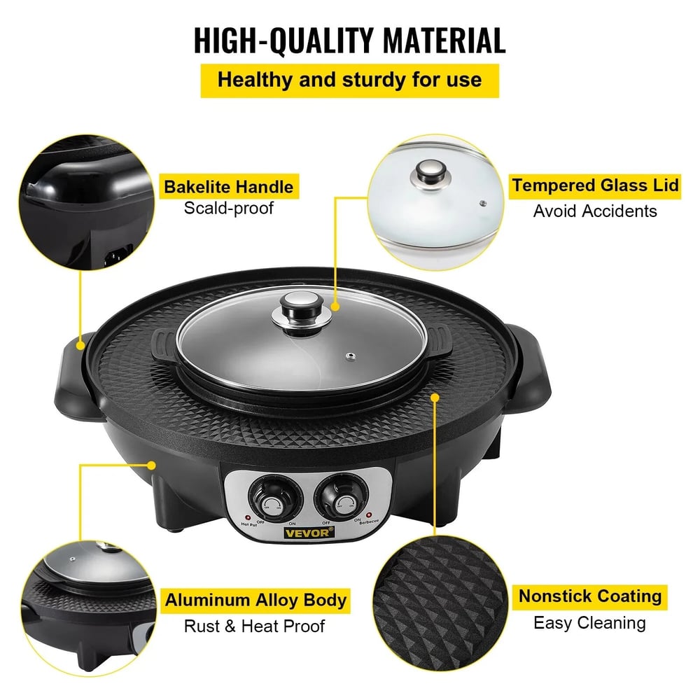 2 in 1 Electric Hot Pot and Grill, 2200W BBQ Pan and Hot Pot, Teppanyaki Grill with Dual Temperature