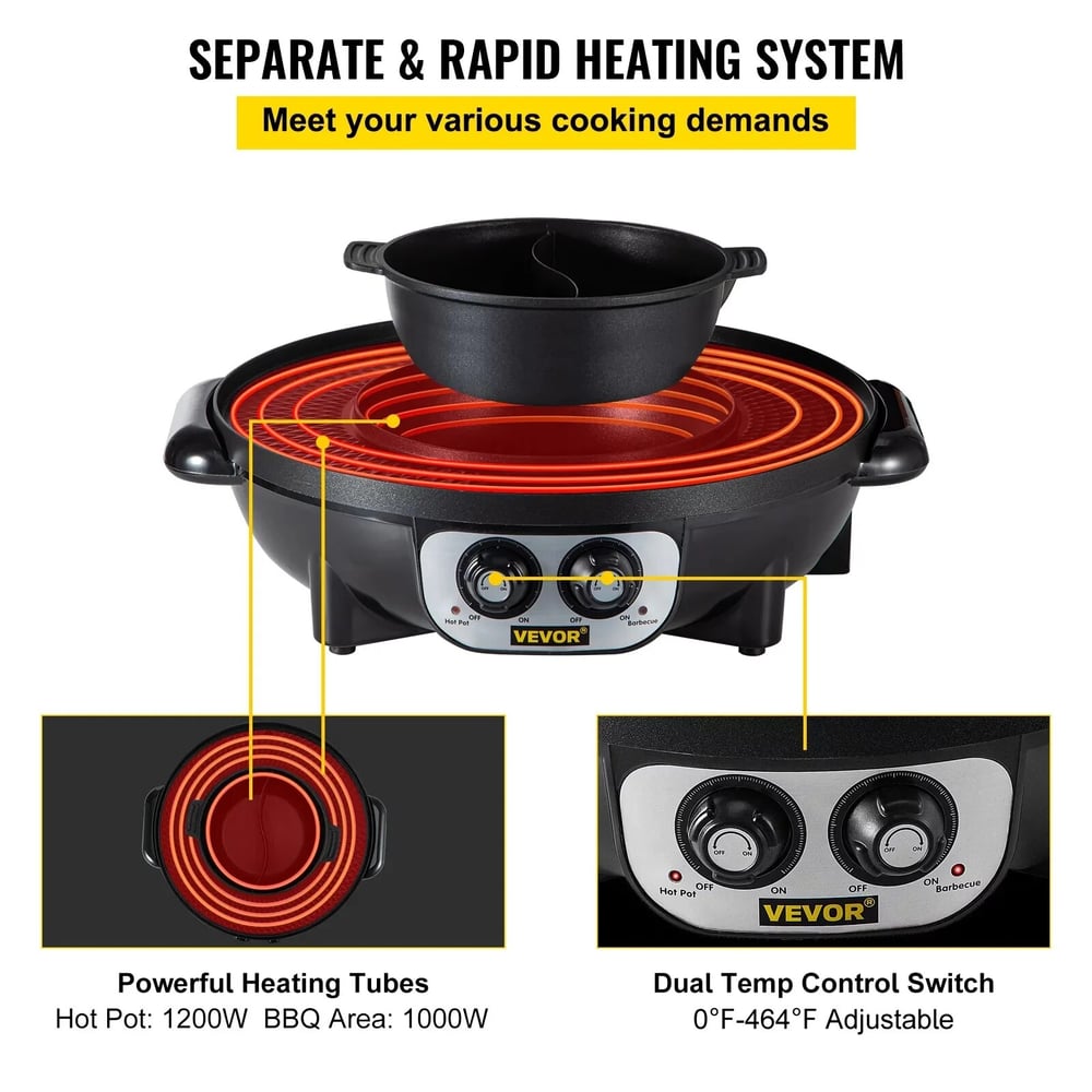2 in 1 Electric Hot Pot and Grill, 2200W BBQ Pan and Hot Pot, Teppanyaki Grill with Dual Temperature