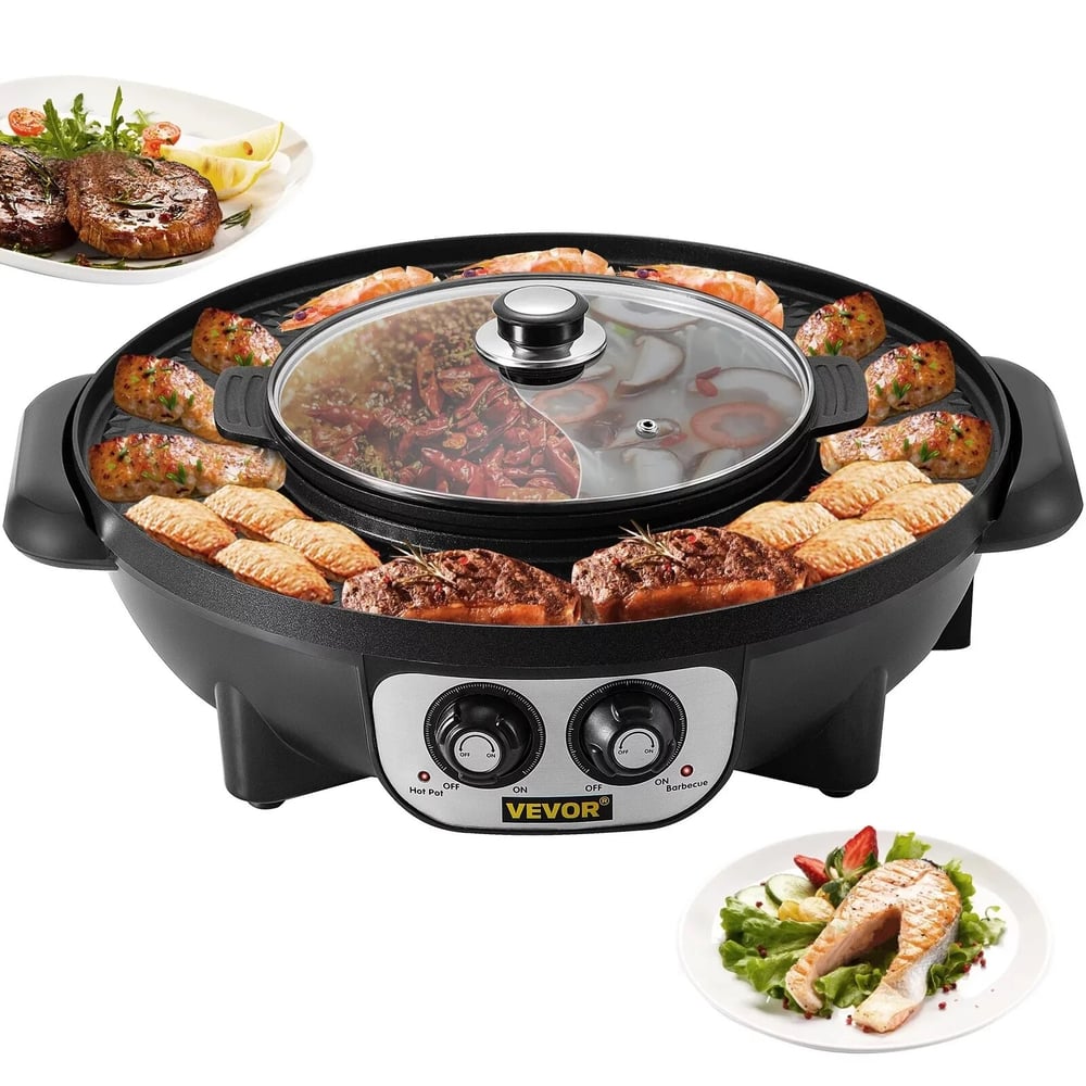 2 in 1 Electric Hot Pot and Grill, 2200W BBQ Pan and Hot Pot, Teppanyaki Grill with Dual Temperature