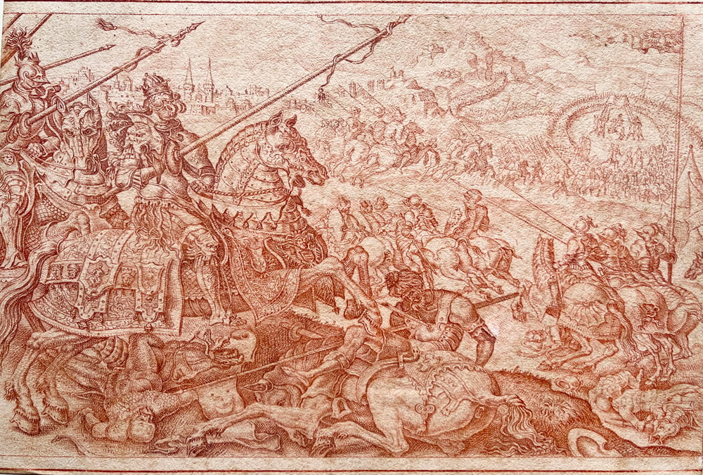 Image of Red chalk Old Master Sketch of a Battle Scene after Maarten van Heemskerck