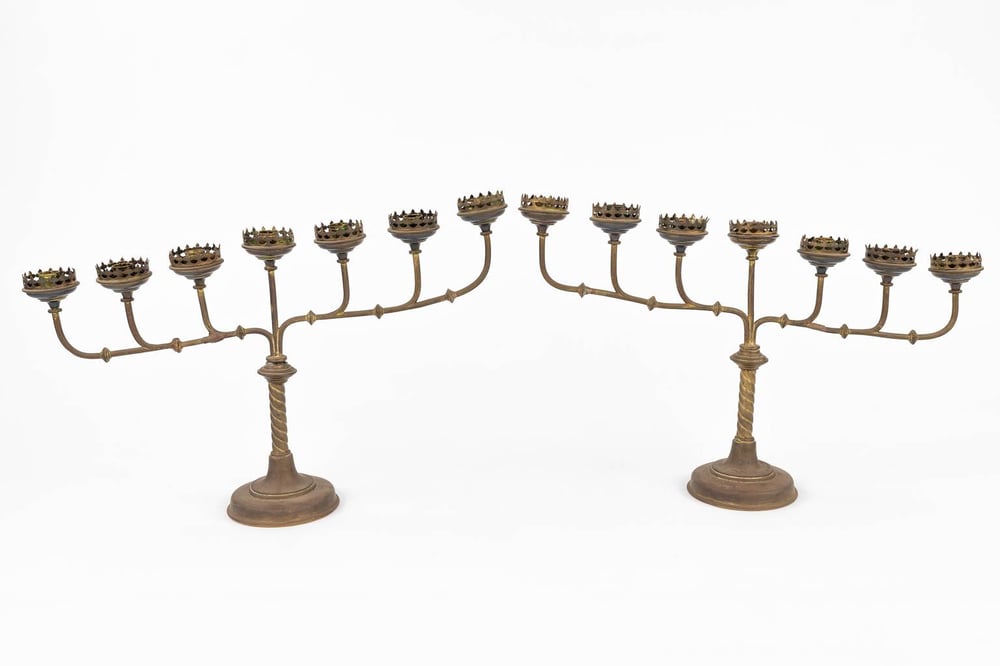 Image of Stunning Pair of 7-candle Gothic Revival Brass Candelabra 