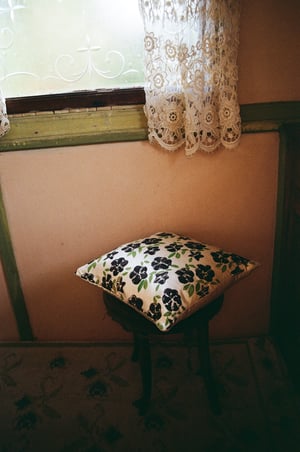 Image of Black petunia hand painted silk cushion