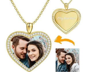 Rhinestone Crystal Heart Shape Photo Necklace 14K Gold Plated 