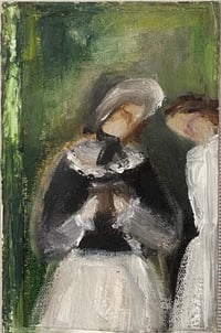 Pisák Krisztina: Könyvet tartó nő pártával és egy lány