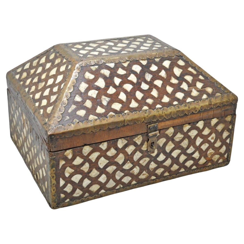 Image of Antique Hand-Crafted Decorative Box with Distinctive Bone Inlay Pattern and Nailed Brass Trim
