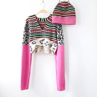 Image 2 of pink rainbow stripe courtneycourtney size 14 long sleeve shrug beanie and cropped sweater set