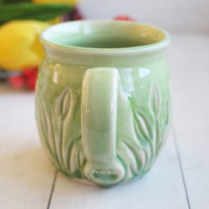 Image of Hand Carved Spring Green Stoneware Mug, 13 Ounce Pottery Mug, Made in USA