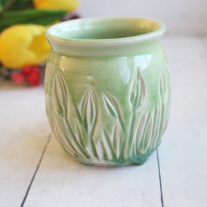 Image of Hand Carved Spring Green Stoneware Mug, 13 Ounce Pottery Mug, Made in USA