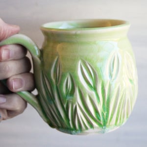Image of Hand Carved Spring Green Stoneware Mug, 13 Ounce Pottery Mug, Made in USA