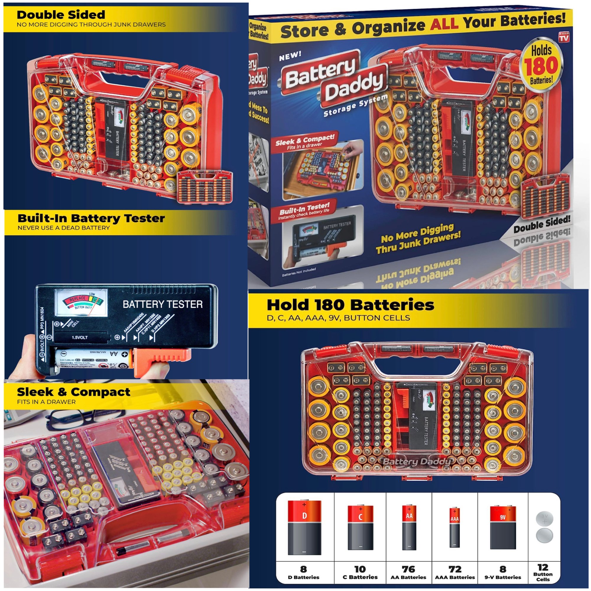 Battery Daddy Organizer Storage Case w/ Tester Up to 180 Batteries