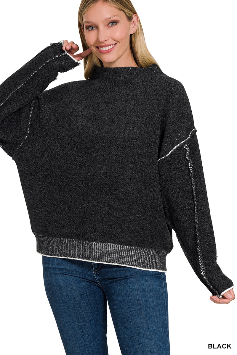 SALE-Zenana-Oversized Mock Neck Raw Seam Chenille Sweater – Simply
