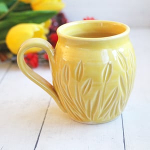 Image of Hand Carved Cheerful Yellow and White Stoneware Mug, 12 Ounce Pottery Mug, Made in USA