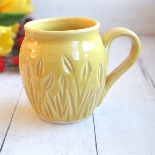 Image of Hand Carved Cheerful Yellow and White Stoneware Mug, 12 Ounce Pottery Mug, Made in USA