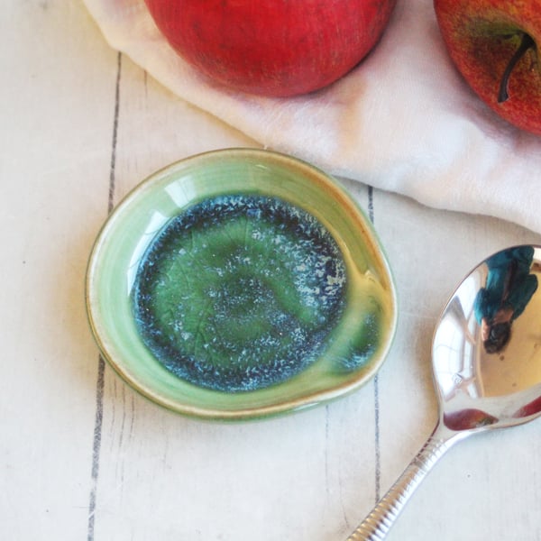 Image of Small Spoon Rest, Shimmering Green Ceramic Spoon Holder for Your Coffee Station, Made in USA