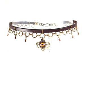 Image of Brown Leather and Brass Choker with Topaz Crystal