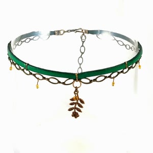 Image of Green Leather and Brass Choker with Flower Stem