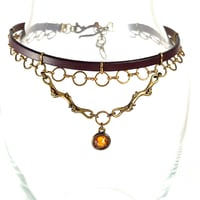 Image 1 of Brown Leather and Brass Choker with Topaz Crystal and Brass Twigs 