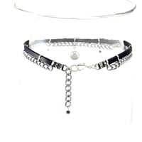 Image 3 of Black Leather and Silver Chain Choker with Blue Crystal