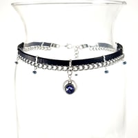 Image 1 of Black Leather and Silver Chain Choker with Blue Crystal