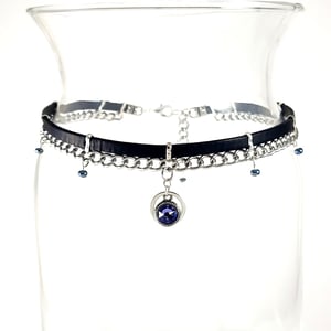 Image of Black Leather and Silver Chain Choker with Blue Crystal