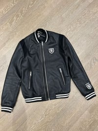 Image 1 of BLACK EMBLEM LEATHER VARSITY BOMBER JACKET