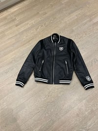 Image 2 of BLACK EMBLEM LEATHER VARSITY BOMBER JACKET