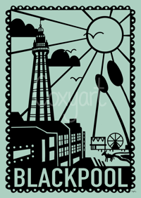 Blackpool Cut Out Style Print (Black/Duck Egg)
