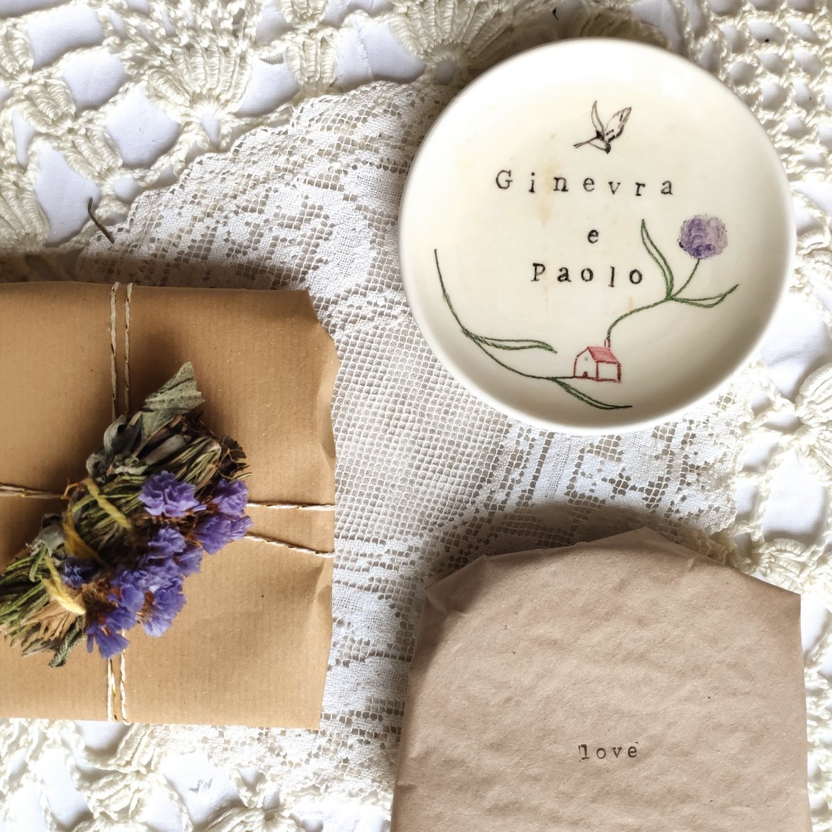 BOMBONIERA MATRIMONIO - PIATTINO NOMI + CASETTA