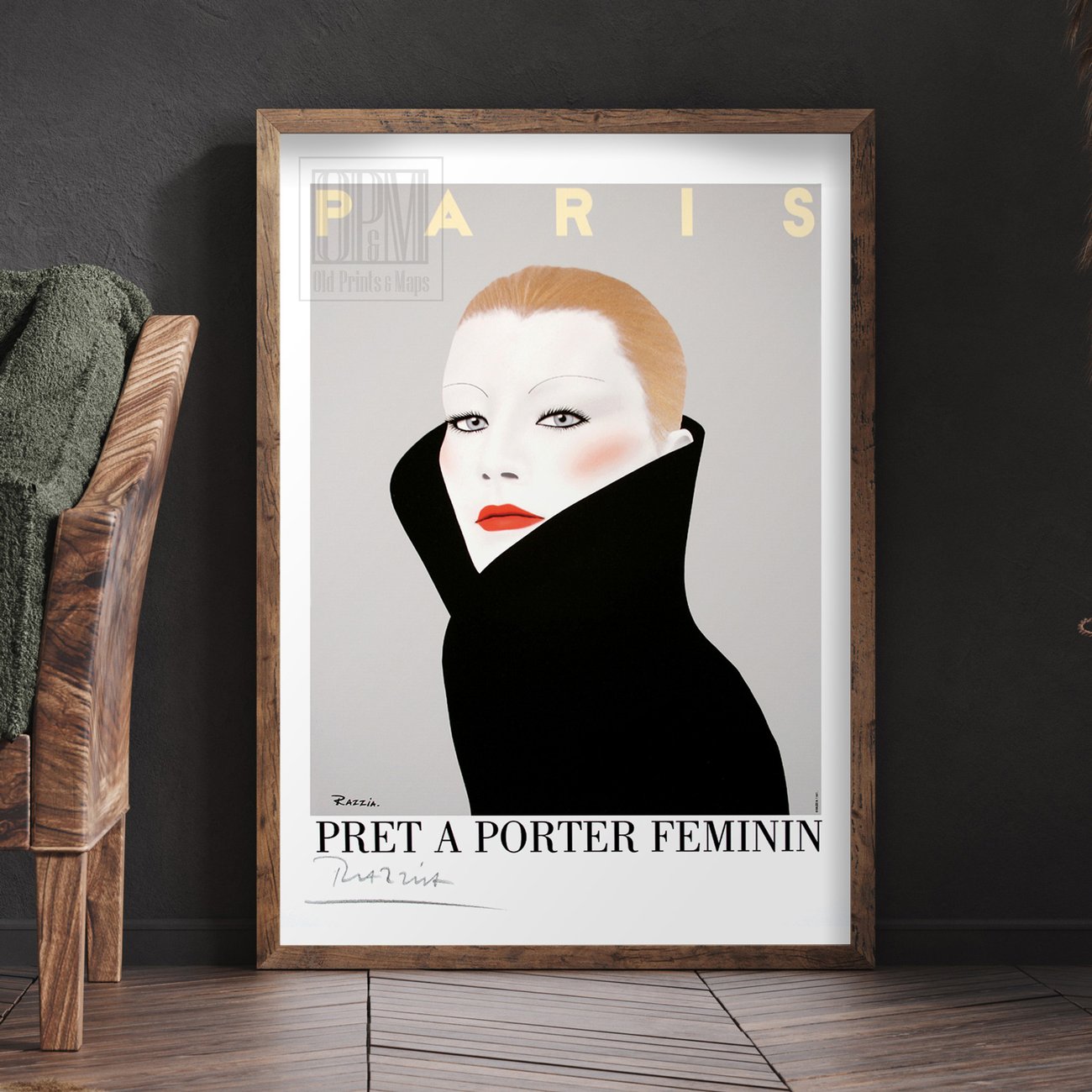 A striking fashion poster featuring a stylized portrait of a woman exuding Parisian sophistication. Her hair is swept back tightly, emphasizing her refined features—porcelain skin, bold red lips, and defined cheekbones. She wears a dramatic high-collared black coat that dominates the composition, creating a powerful contrast against the soft, neutral background. The word PARIS appears in sleek bronze lettering at the top, while the phrase PRÊT À PORTER FÉMININ anchors the bottom in elegant serif typography. The design captures the essence of haute couture—minimal, modern, and effortlessly chic. Razzia’s precise lines and minimalist palette elevate the image from fashion advertisement to timeless art, embodying the allure and confidence of the modern Parisian woman.