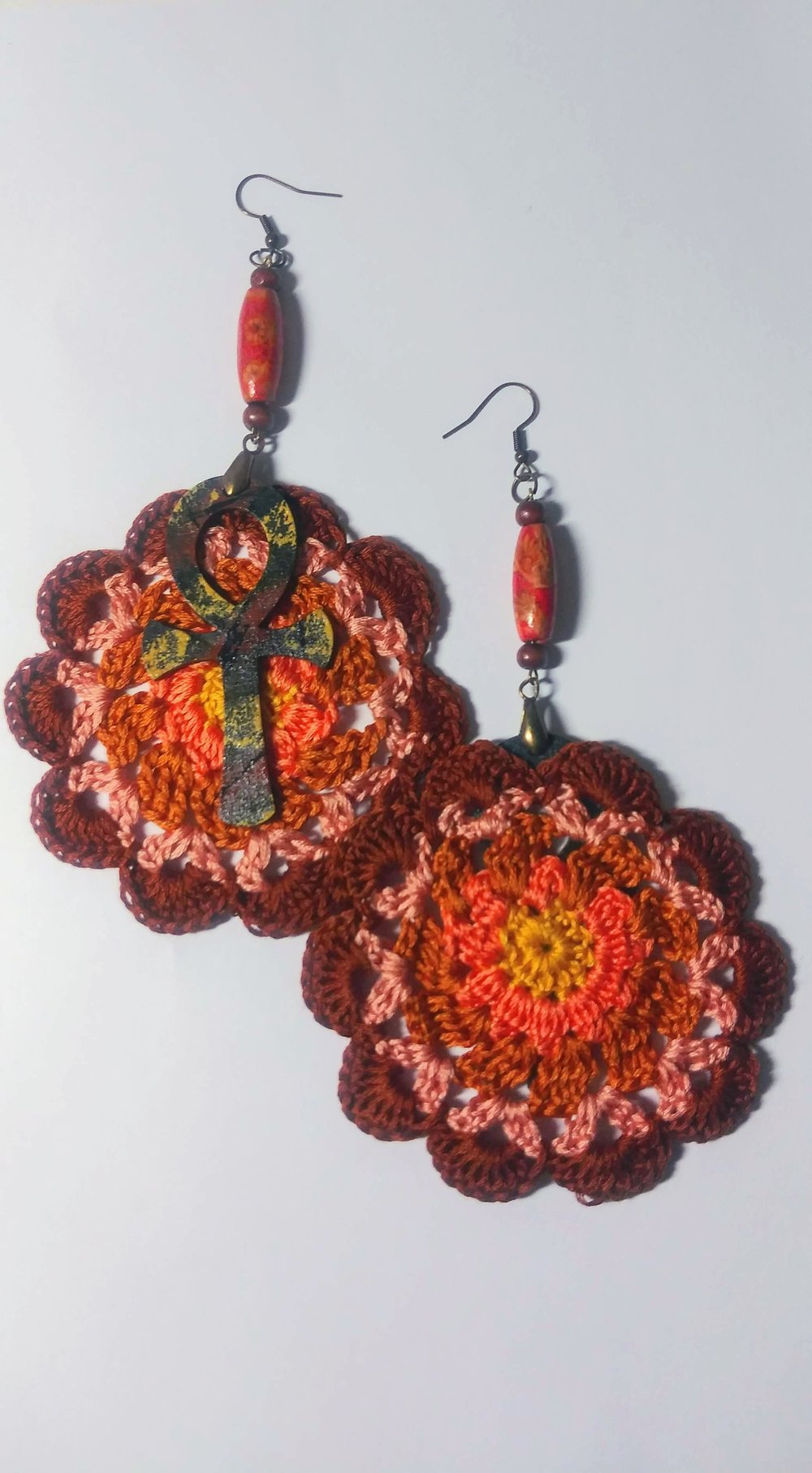 Image of Handmade Crochet Mandala Afrocentric Ankh Beaded earrings