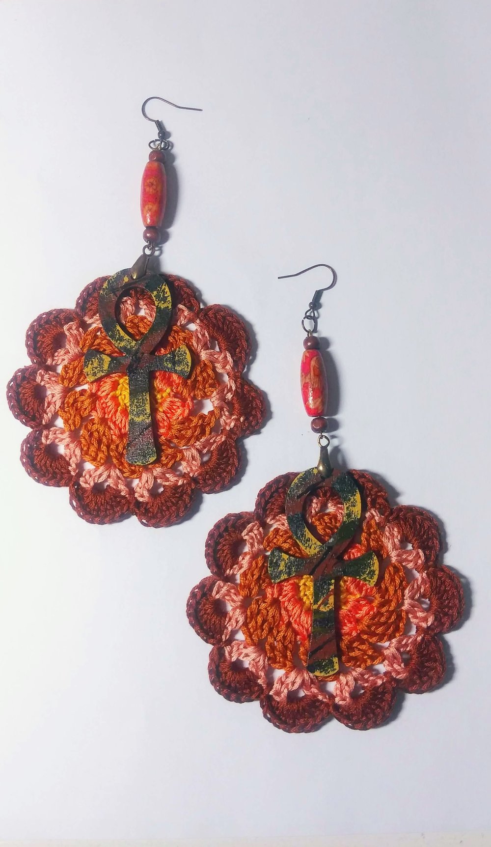 Image of Handmade Crochet Mandala Afrocentric Ankh Beaded earrings