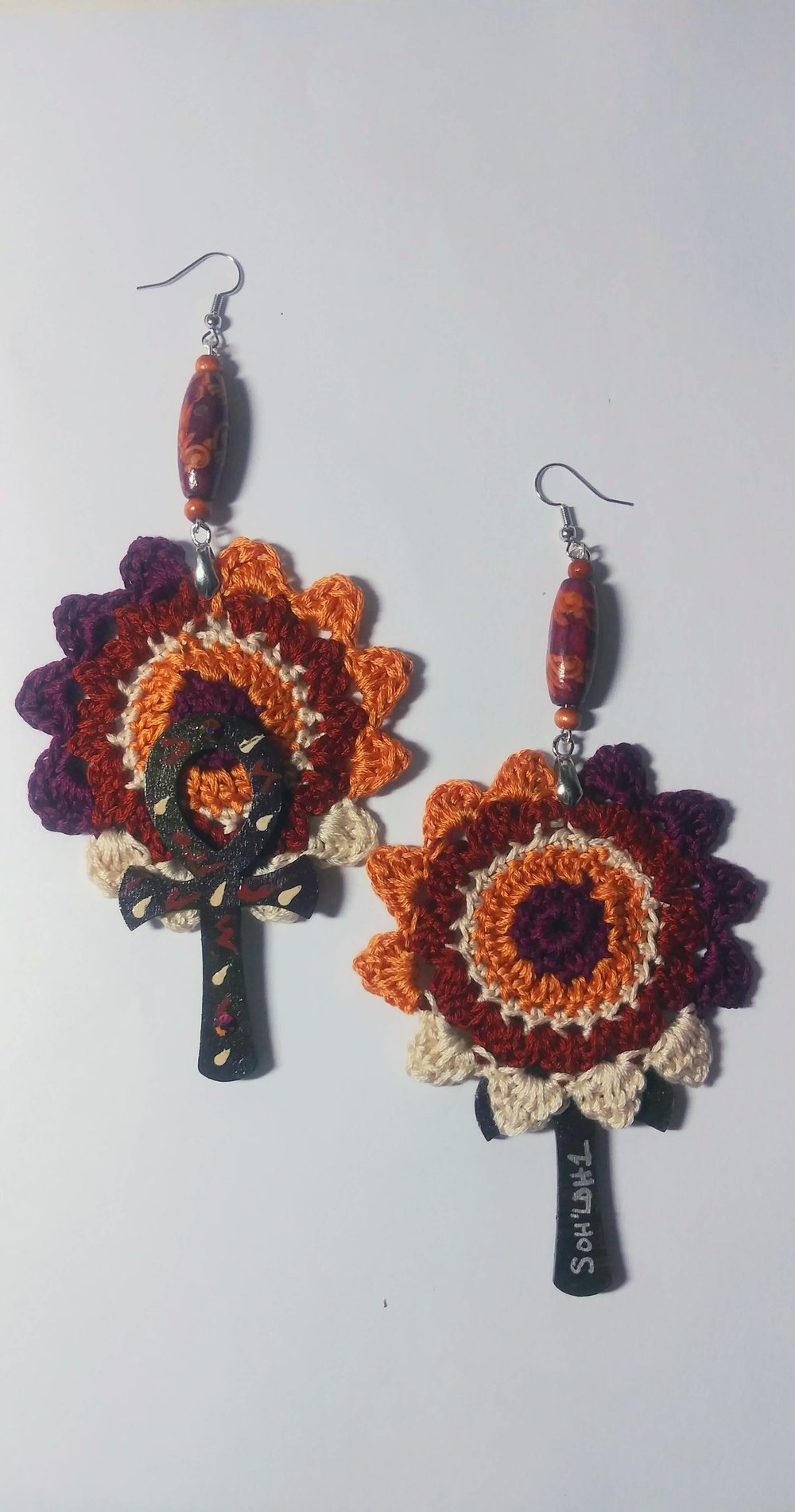 Image of Handmade Afrocentric Beaded Ankh Crochet Mandala earrings