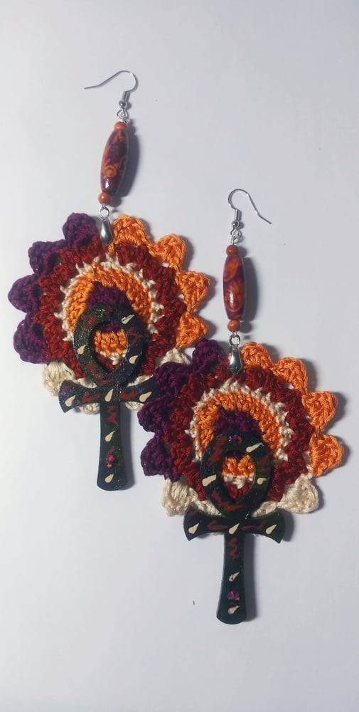 Image of Handmade Afrocentric Beaded Ankh Crochet Mandala earrings