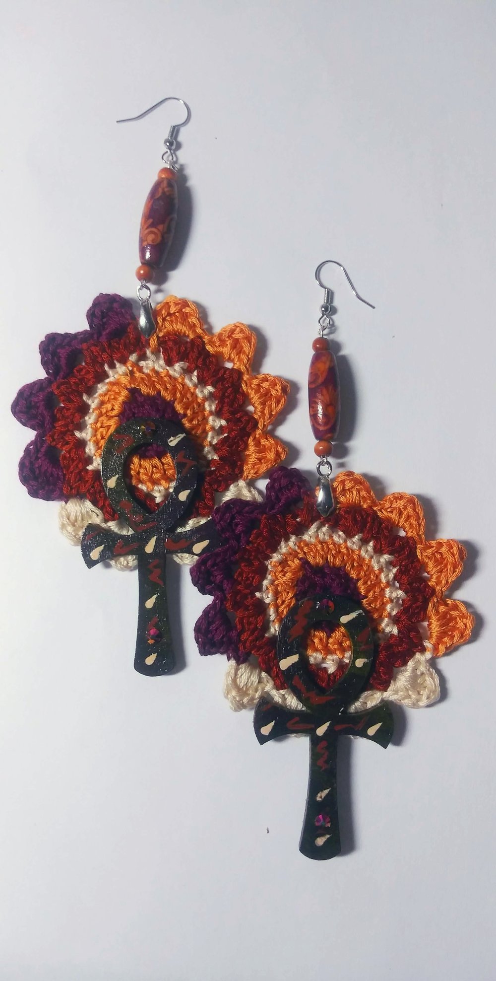 Image of Handmade Afrocentric Beaded Ankh Crochet Mandala earrings