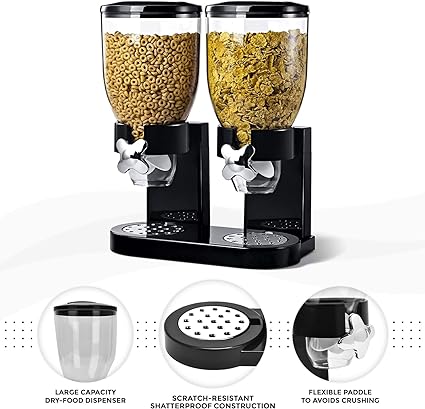 Image of Double Plastic Classic Dry Food Cereal Dispenser Double Canister, White Transparent (Black)