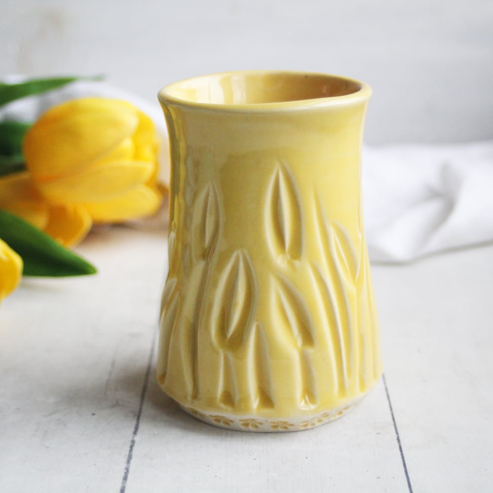 Image of Beautiful Hand Carved Yellow Ceramic Vase, Art Vase Made in USA