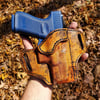 Glock G19 Burl wood and Black dyed pancake holster.