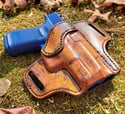 Glock G19 Burl wood and Black dyed pancake holster.