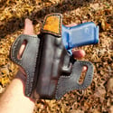 Glock G19 Burl wood and Black dyed pancake holster.