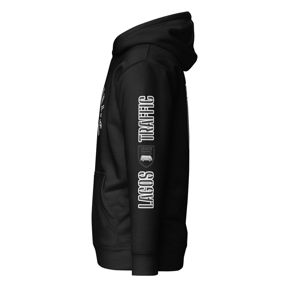 LAGOS TRAFFIC UNISEX SLAY HOODIES - BLK/WHT SHIELD