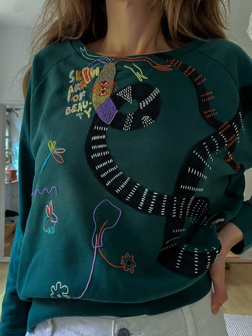 Image of Slow arrow of beauty - original hand embroidery on organic cotton sweatshirt, size Medium, Upcycled
