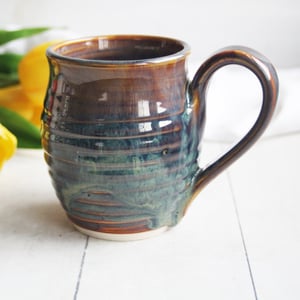 Image of Earthy Pottery Mug in Rich Amber and Green Glazes, Handcrafted in USA