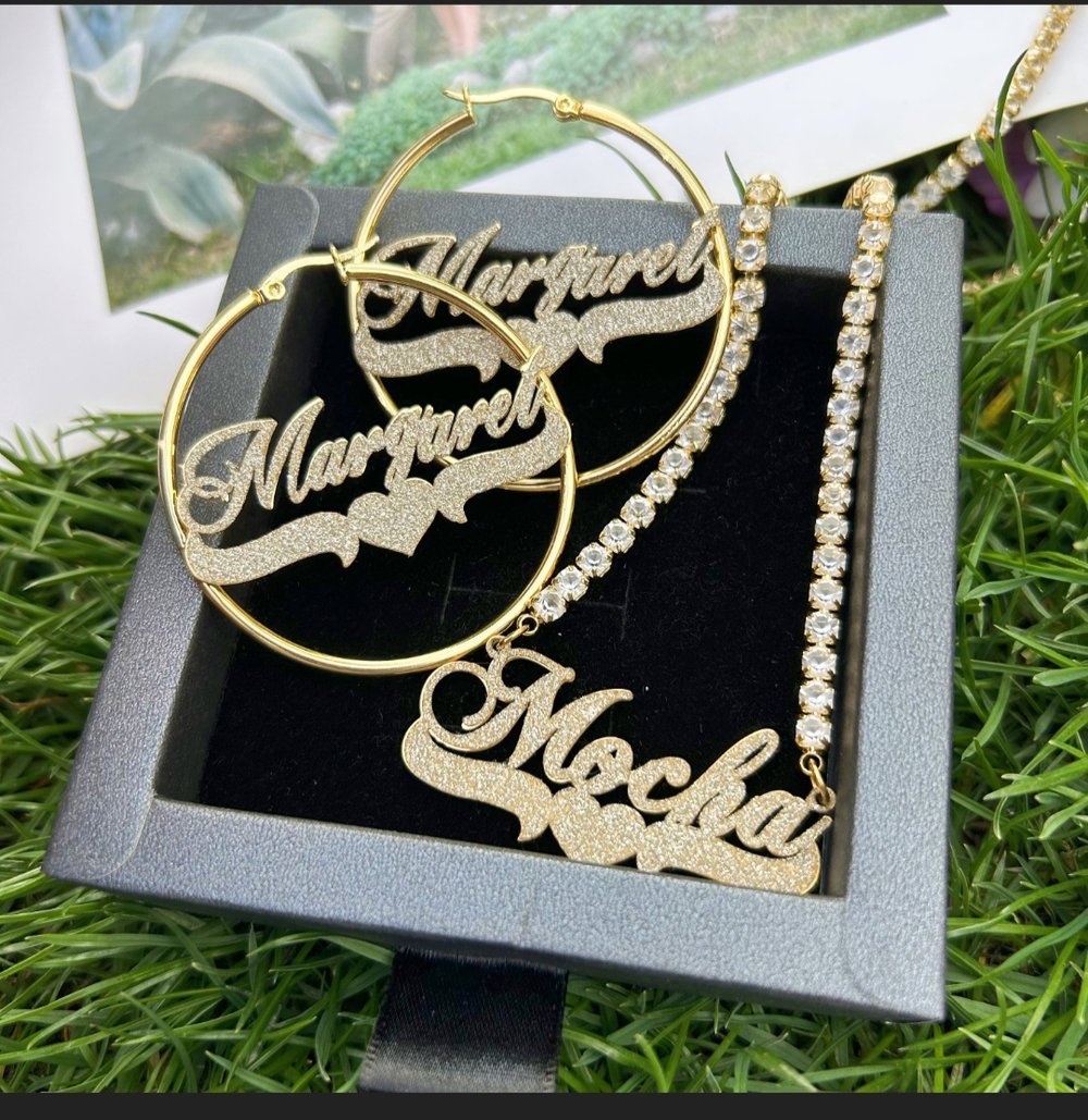 Image of Custom Bling Name Hoop Earrings Necklace Set