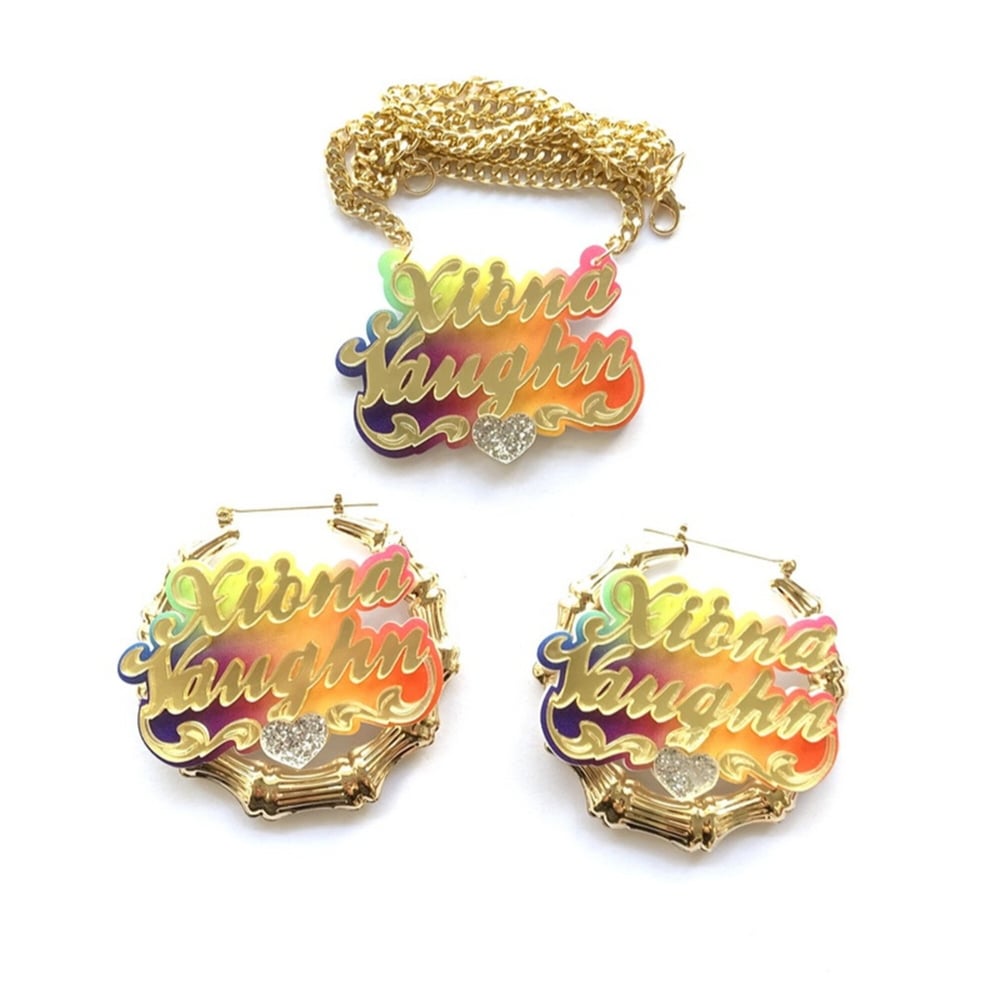 Image of Custom Name Bamboo Earrings Set