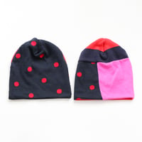 Image 1 of polka dot navy stripe soft patchwork cotton blend sweater teen adult courtneycourtney beanie hat