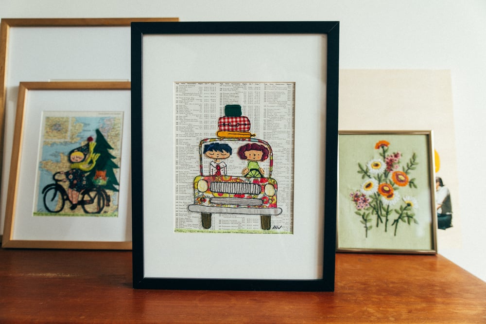 Image of Let's Go See the World!  8x10 Free Motion Embroidery on Vintage atlas Page