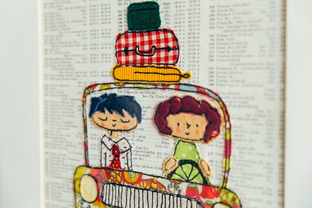 Image of Let's Go See the World!  8x10 Free Motion Embroidery on Vintage atlas Page